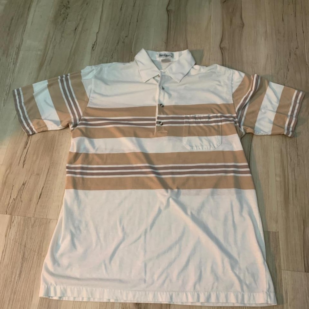 Vintage 1990's Jantzen white and brown‎ striped polo shirt